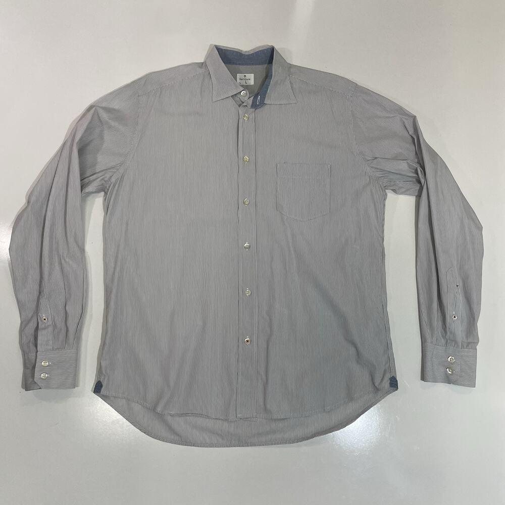 Hartford Men’s Dress Shirt L Gray Stripe Cotton Linen Tailored Fit Slim